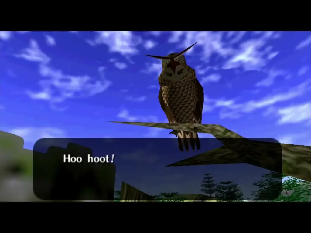 Kaepora Gaebora the owl perched on a branch, speaking in a message box Kaepora Gaebora the owl perched on a branch, speaking in a message box