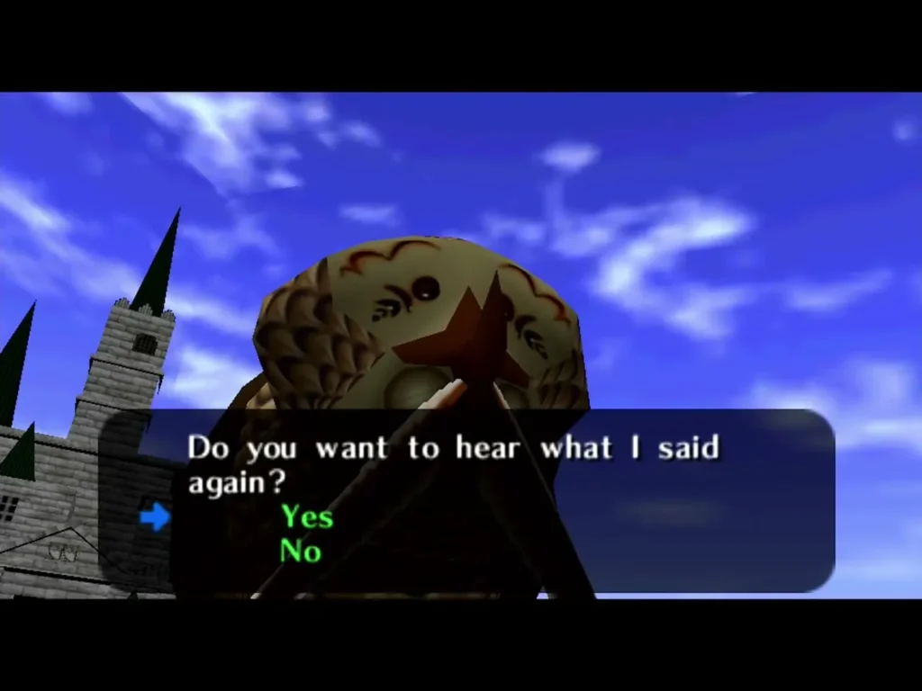 Kaepora Gaebora asking if Link wants to hear his message again, with Yes and No options Kaepora Gaebora asking if Link wants to hear his message again, with Yes and No options