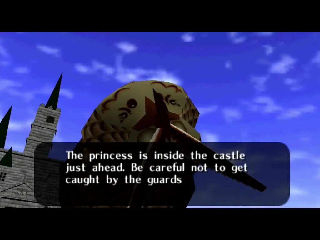 Kaepora Gaebora over the castle bridge saying the princess is inside the castle Kaepora Gaebora over the castle bridge saying the princess is inside the castle