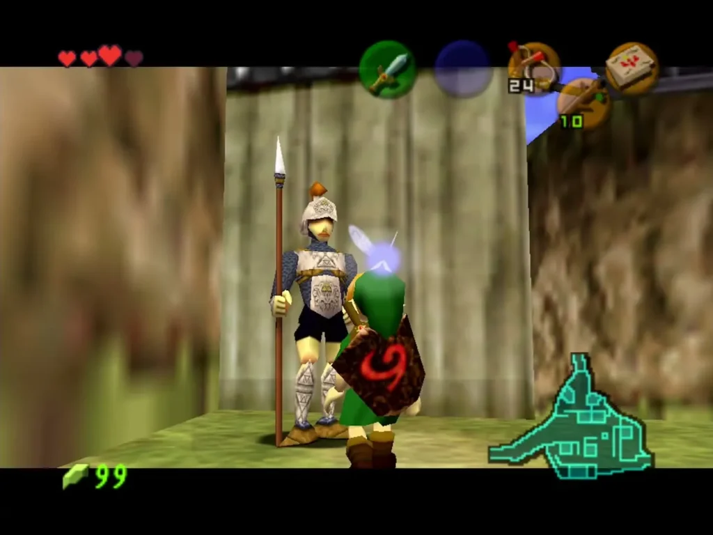 Link standing beside the Kakariko gate guard with a spear Link standing beside the Kakariko gate guard with a spear