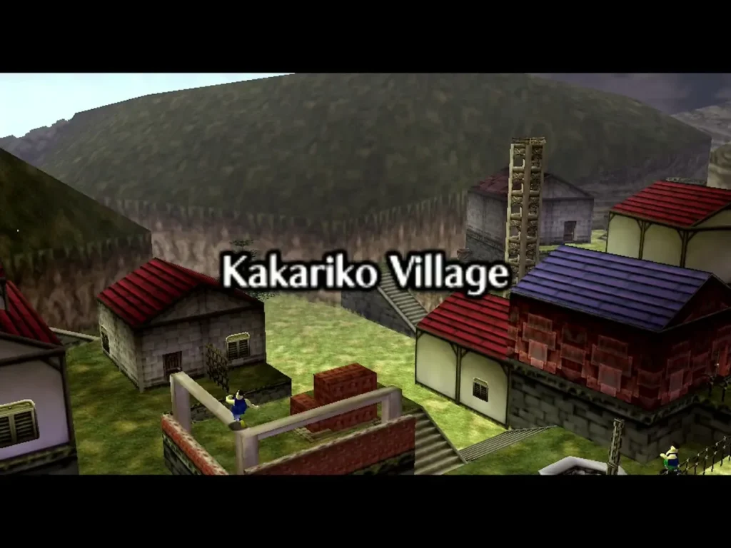 Kakariko Village name banner over the village rooftops Kakariko Village name banner over the village rooftops