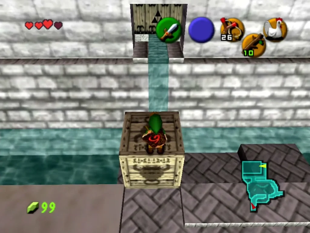 Link standing on a pushed crate in the water channel below the Triforce gate Link standing on a pushed crate in the water channel below the Triforce gate