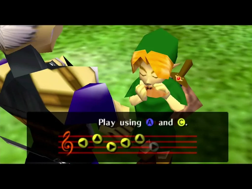 Link playing the melody on the Ocarina with the Play using A and C prompt Link playing the melody on the Ocarina with the Play using A and C prompt