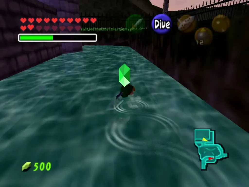 Link swimming across the moat with a green rupee above him Link swimming across the moat with a green rupee above him