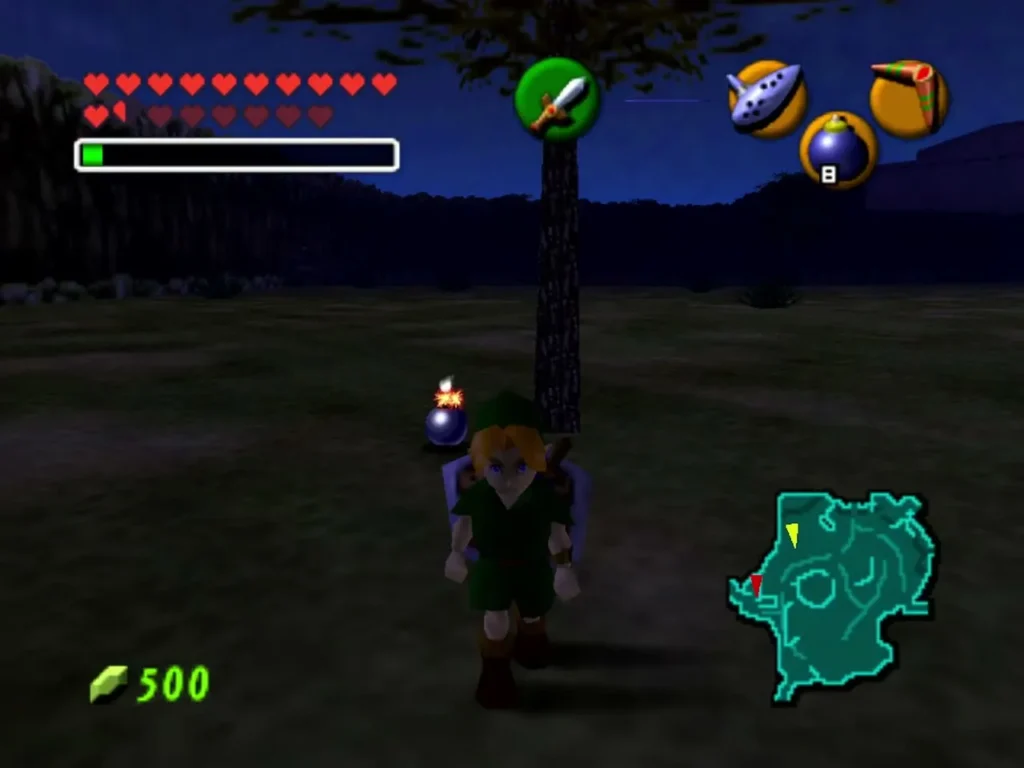 Link at night with a lit Bomb on the ground before a grotto Link at night with a lit Bomb on the ground before a grotto