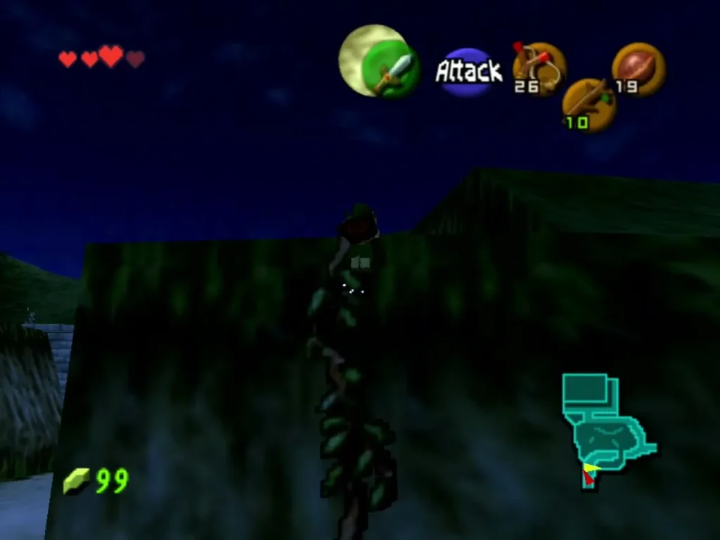 Link climbing a vine up a dark grassy wall at night Link climbing a vine up a dark grassy wall at night
