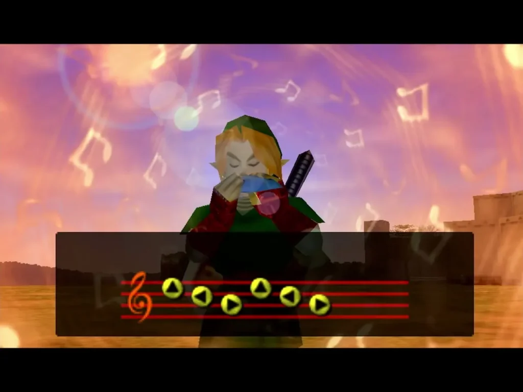 Adult Link playing the Ocarina at sunset with musical notes around him Adult Link playing the Ocarina at sunset with musical notes around him
