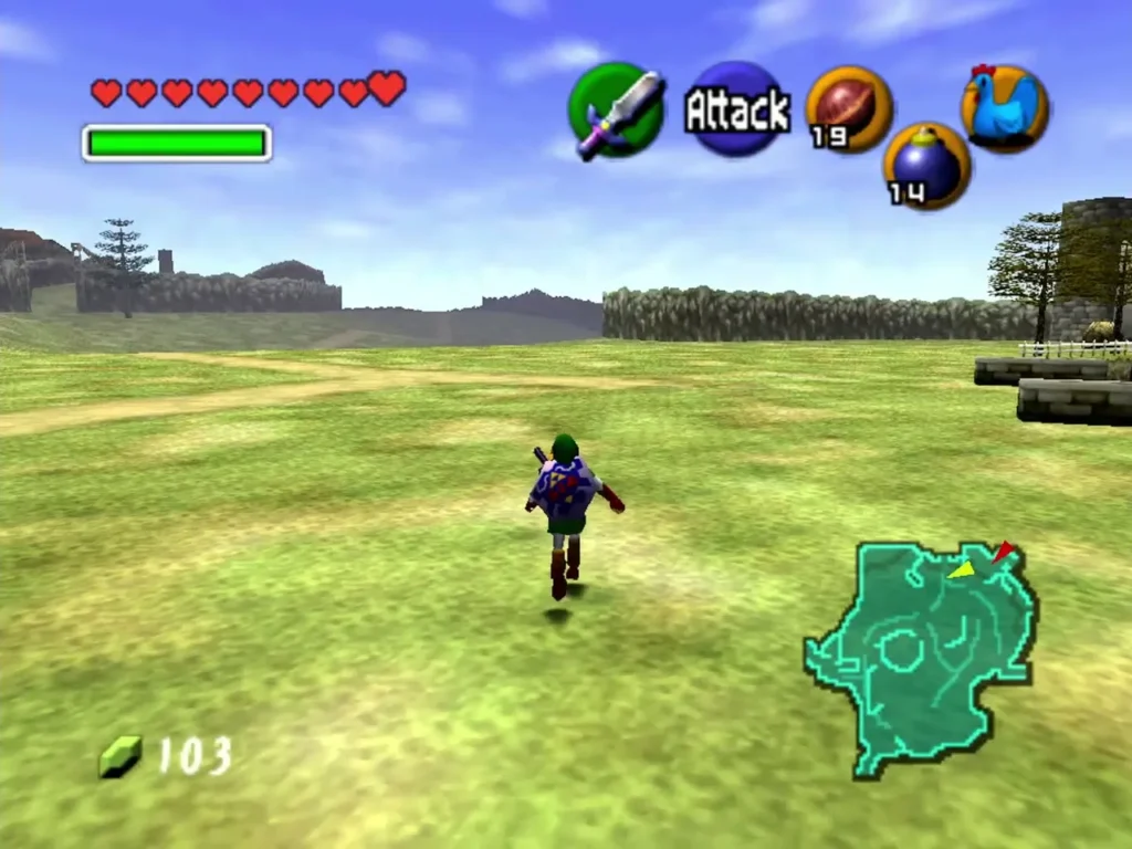 Link running across open Hyrule Field toward distant hills and trees Link running across open Hyrule Field toward distant hills and trees