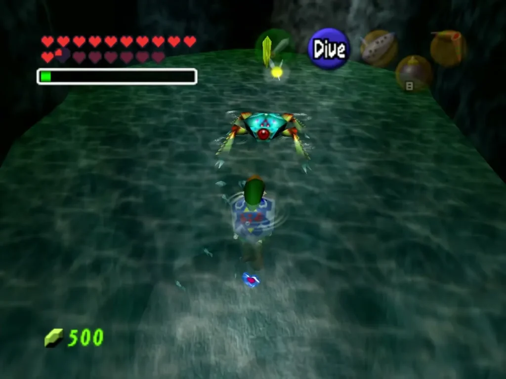 Link diving underwater in a grotto pool with a Tektite nearby Link diving underwater in a grotto pool with a Tektite nearby