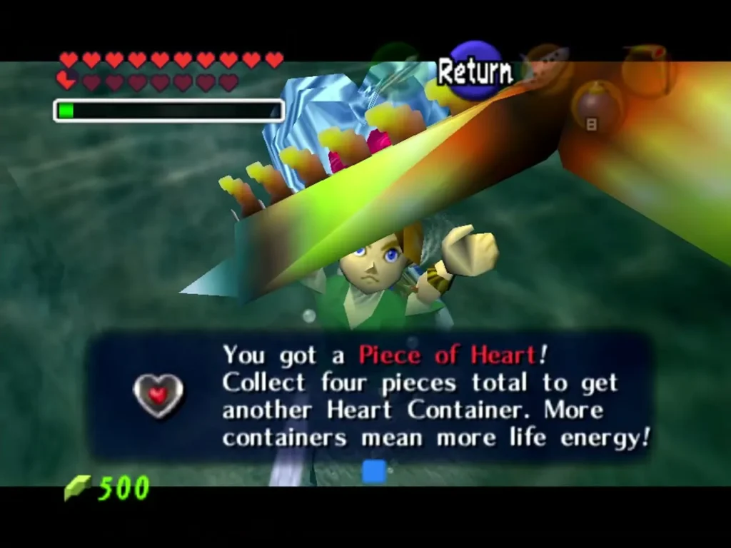 Link holding up a Piece of Heart in the grotto pool Link holding up a Piece of Heart in the grotto pool