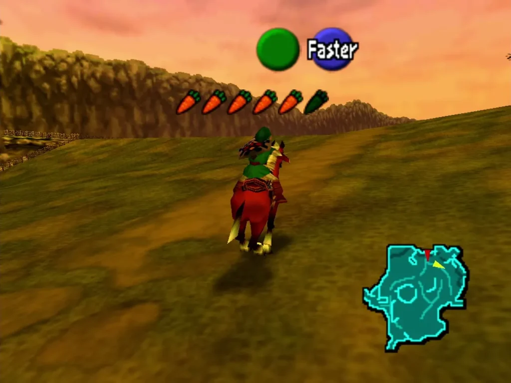 Link riding Epona with the carrot meter and the Faster prompt at sunset Link riding Epona with the carrot meter and the Faster prompt at sunset