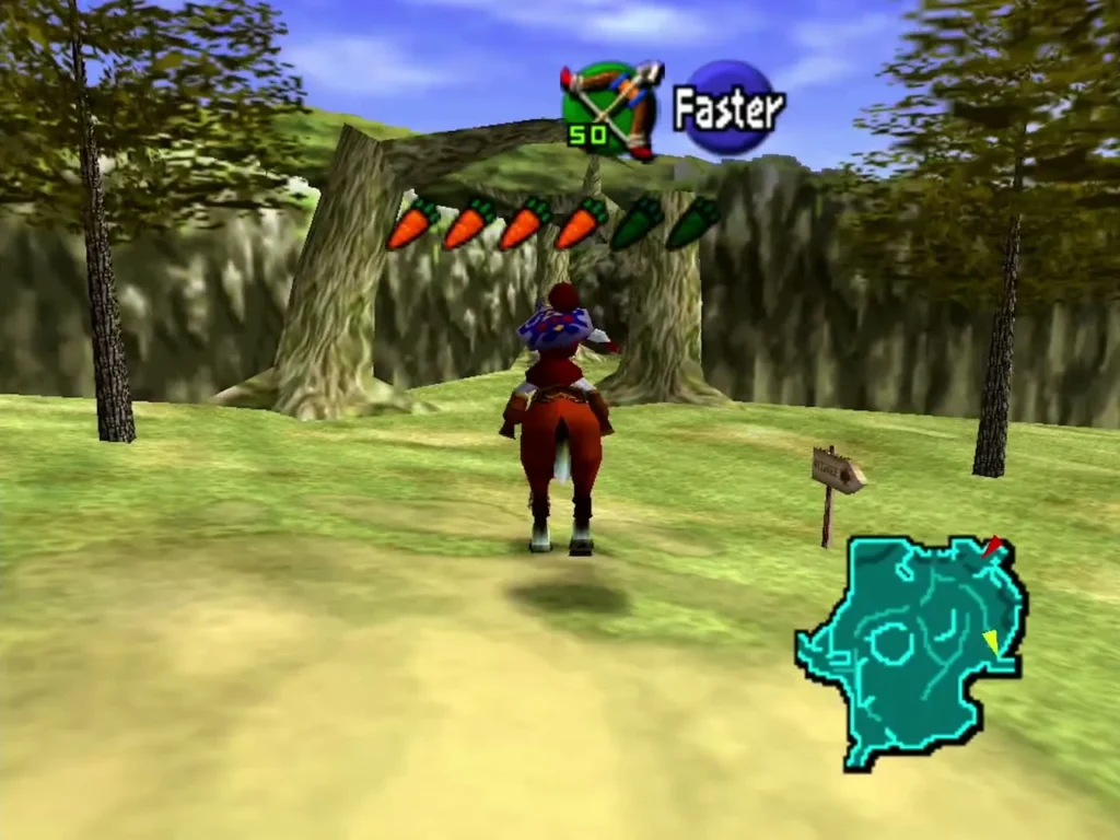 Link riding Epona along a path across the Field Link riding Epona along a path across the Field