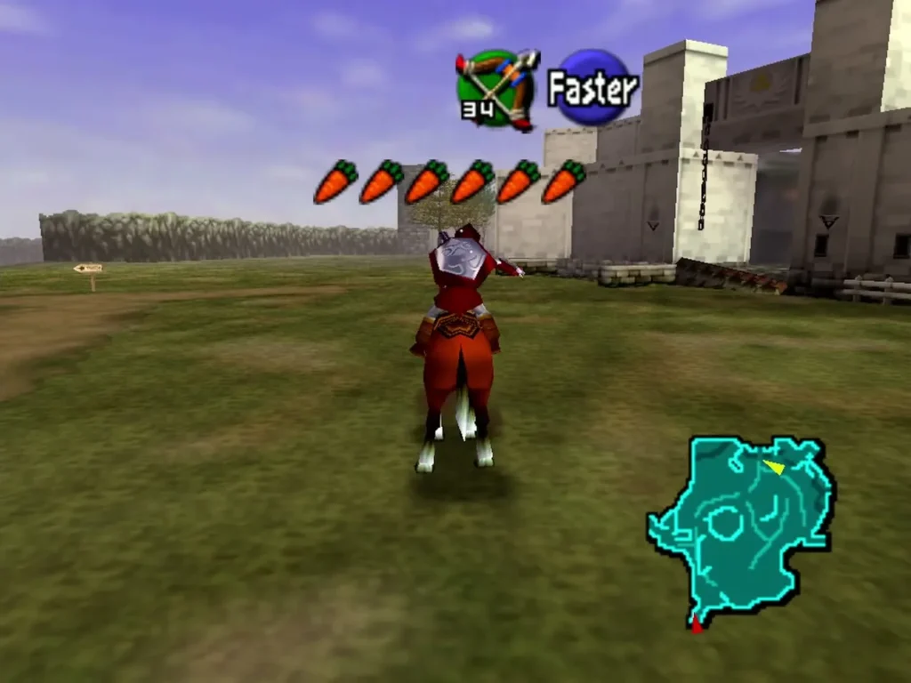 Link riding Epona across the Field toward Hyrule Castle's walls Link riding Epona across the Field toward Hyrule Castle's walls
