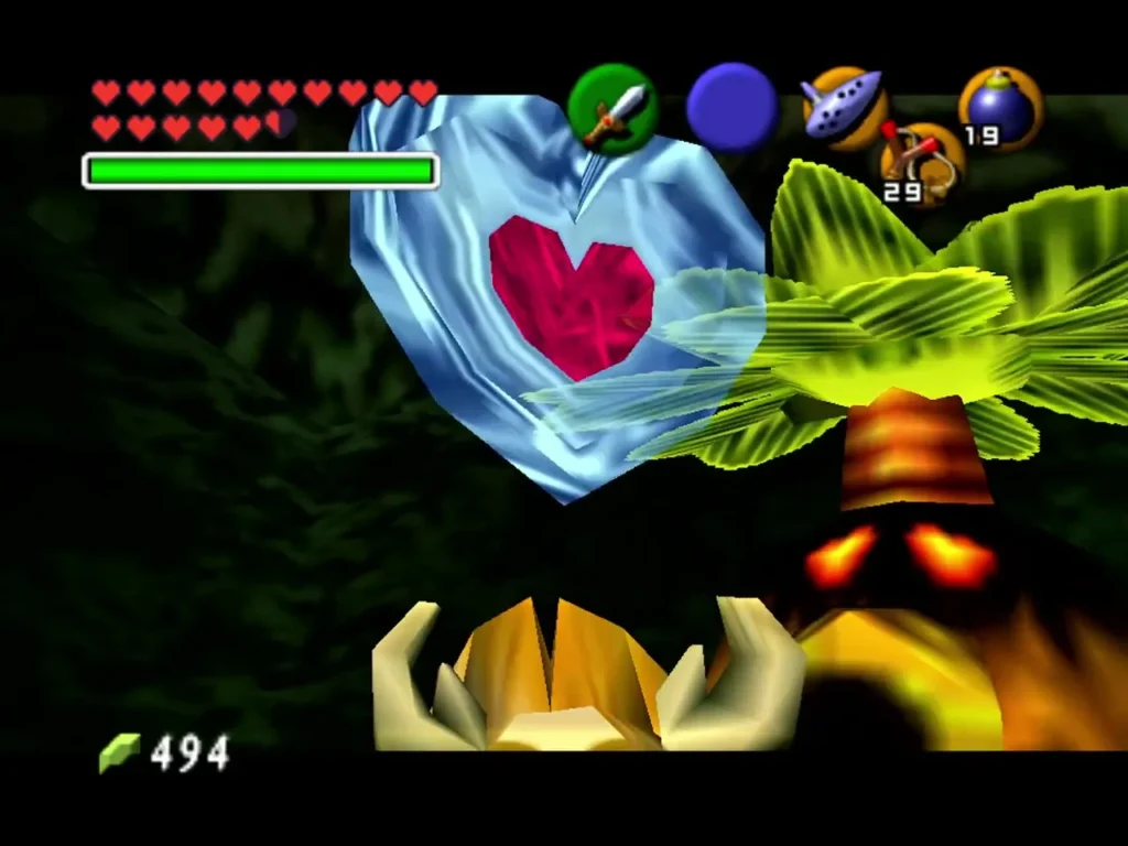 Link's hands raised holding up a Piece of Heart after buying it from the Business Scrub Link's hands raised holding up a Piece of Heart after buying it from the Business Scrub