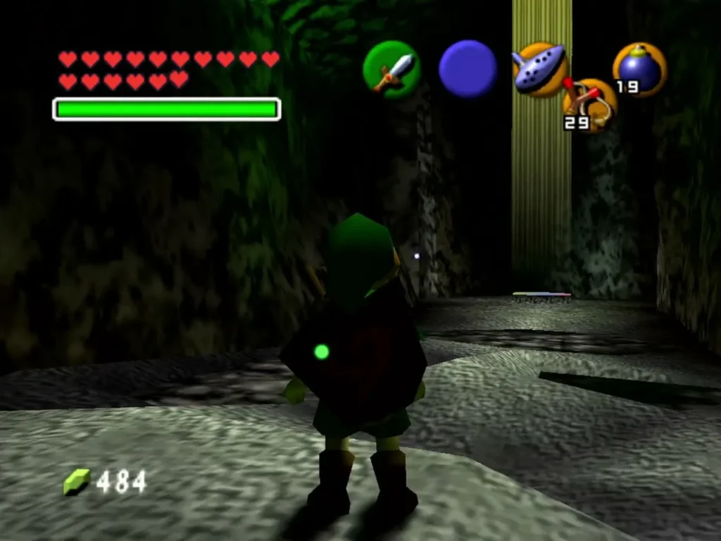 Link in a dark grotto with 484 Rupees after buying the Piece of Heart Link in a dark grotto with 484 Rupees after buying the Piece of Heart