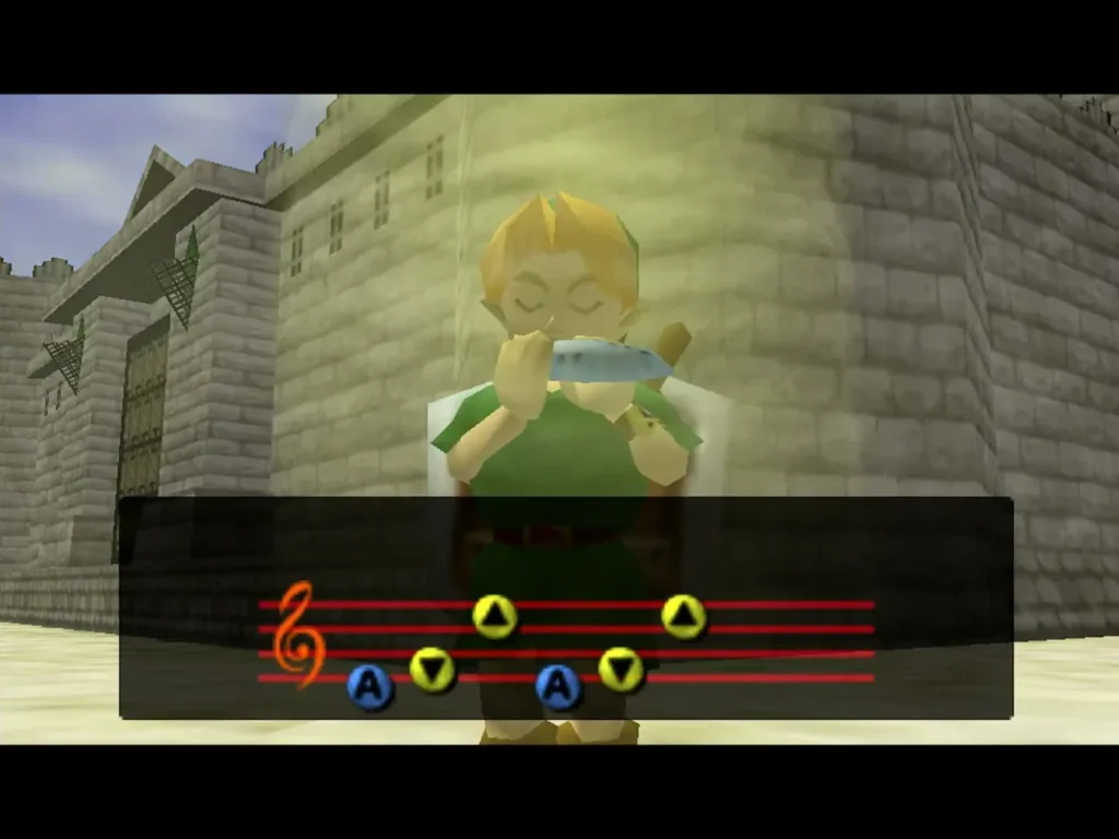 Link playing the Song of Storms on his ocarina beside the castle wall Link playing the Song of Storms on his ocarina beside the castle wall
