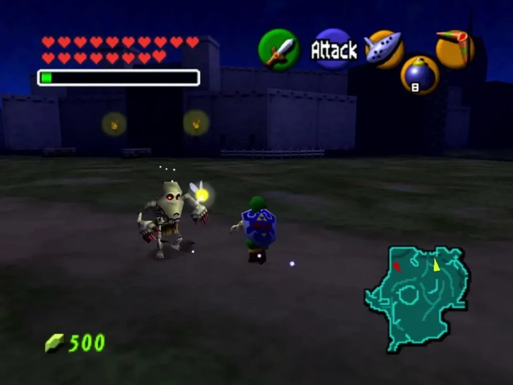 Link fighting a skeleton Stalchild in the dark near the castle walls Link fighting a skeleton Stalchild in the dark near the castle walls