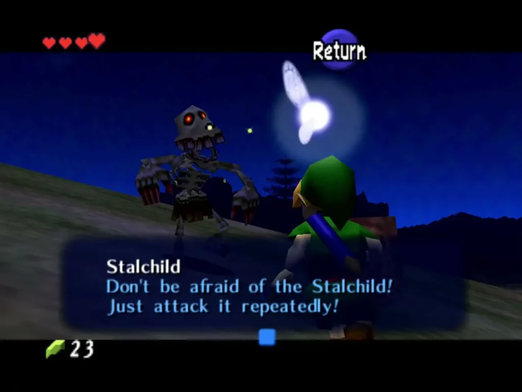 Skeleton Stalchild beside Link at night with the Stalchild tip message box shown Skeleton Stalchild beside Link at night with the Stalchild tip message box shown