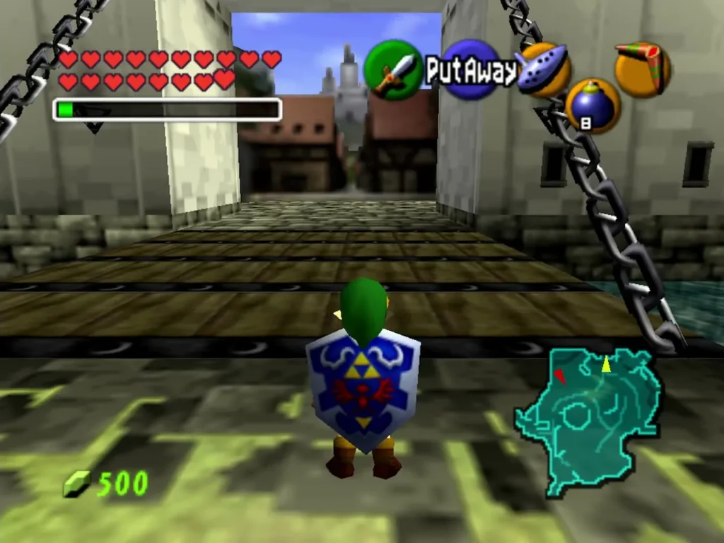 Link walking the stone walkway between chains toward the Castle Town gate Link walking the stone walkway between chains toward the Castle Town gate