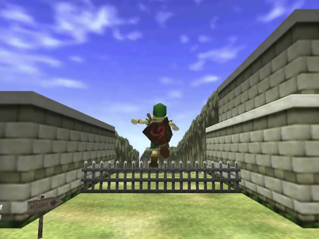 Link jumping a fenced gate in a stone-walled road across the Field Link jumping a fenced gate in a stone-walled road across the Field