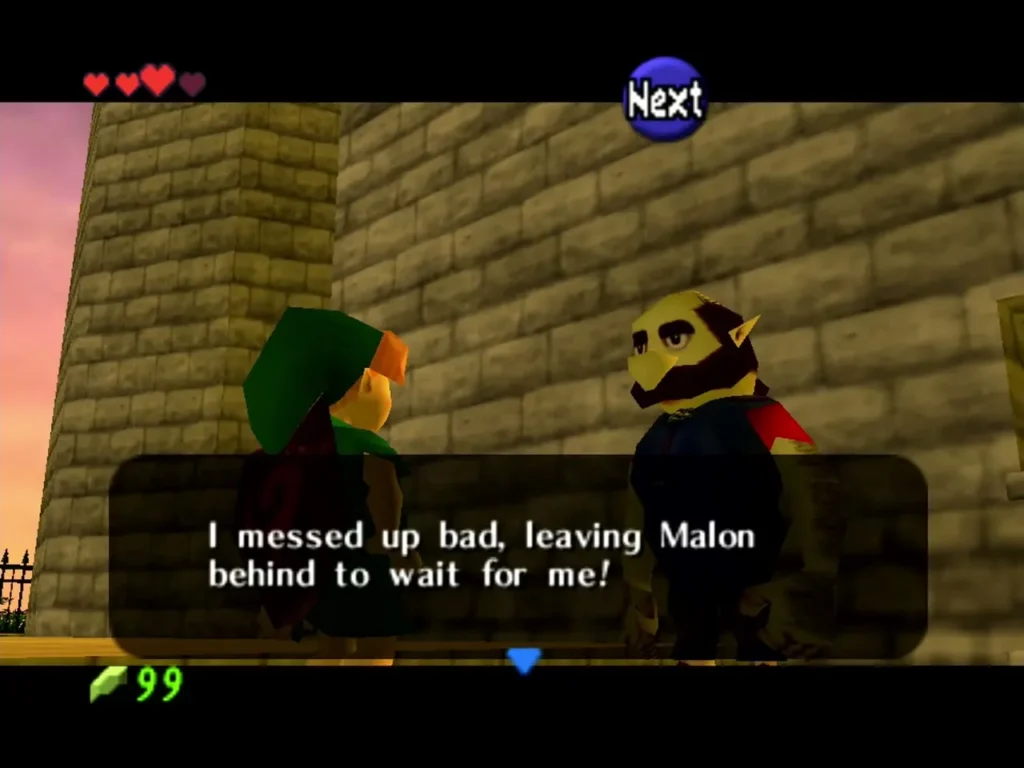Talon telling Link he messed up by leaving Malon behind to wait Talon telling Link he messed up by leaving Malon behind to wait