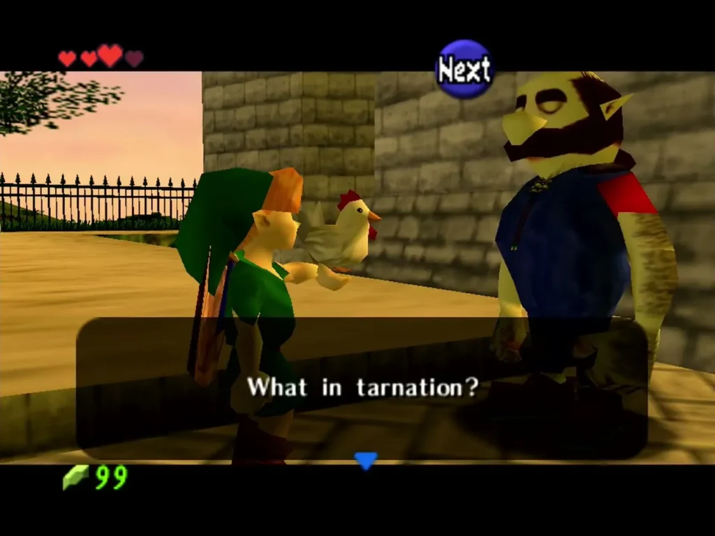 Talon awake beside Link and the Cucco, with the What in tarnation line Talon awake beside Link and the Cucco, with the What in tarnation line