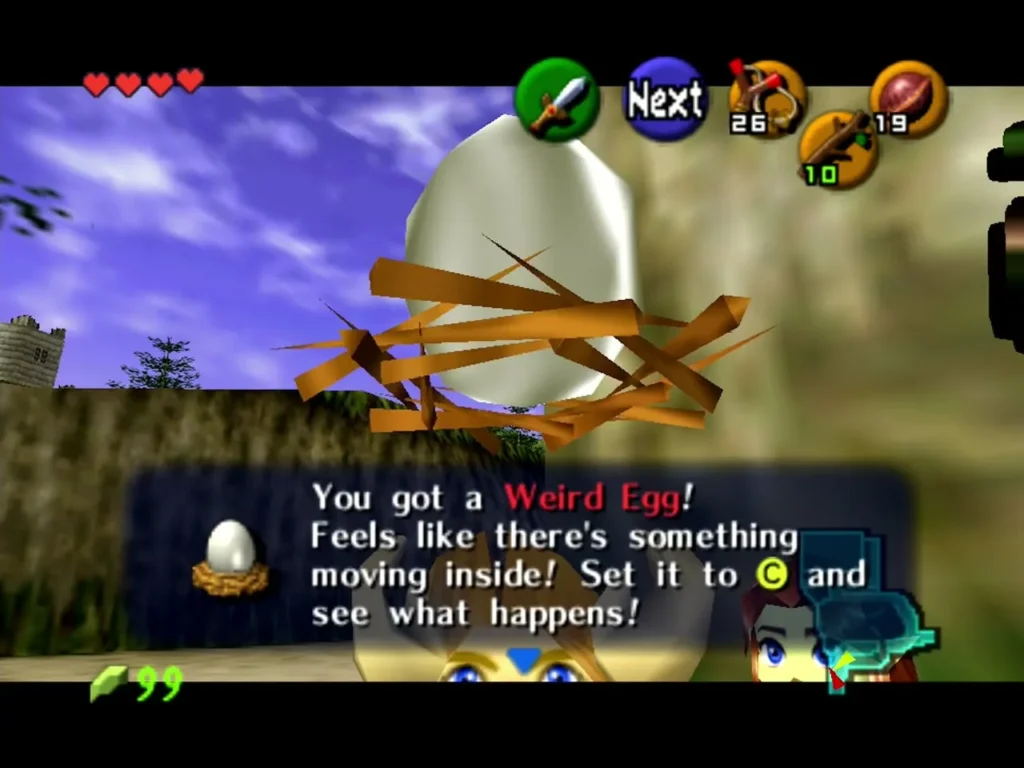 The Weird Egg sitting in its nest in the field with the item message complete The Weird Egg sitting in its nest in the field with the item message complete