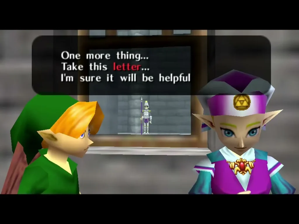 Zelda handing Link a letter, with the dialogue box fully shown Zelda handing Link a letter, with the dialogue box fully shown