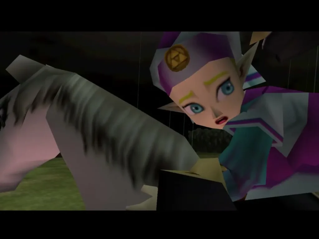 Princess Zelda looking back from horseback as she and Impa flee the castle Princess Zelda looking back from horseback as she and Impa flee the castle