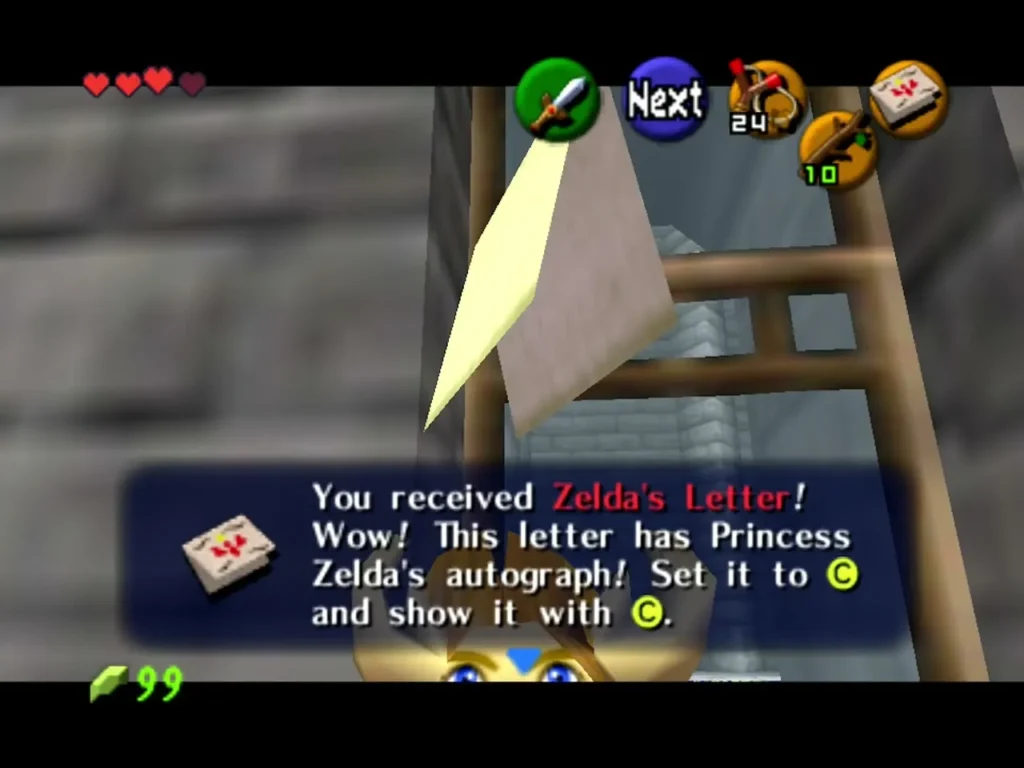Link holding up Zelda's Letter with the You received box complete Link holding up Zelda's Letter with the You received box complete