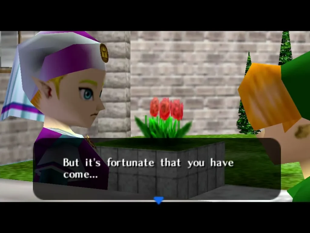 Zelda and Link talking beside a flower bed in the castle courtyard Zelda and Link talking beside a flower bed in the castle courtyard