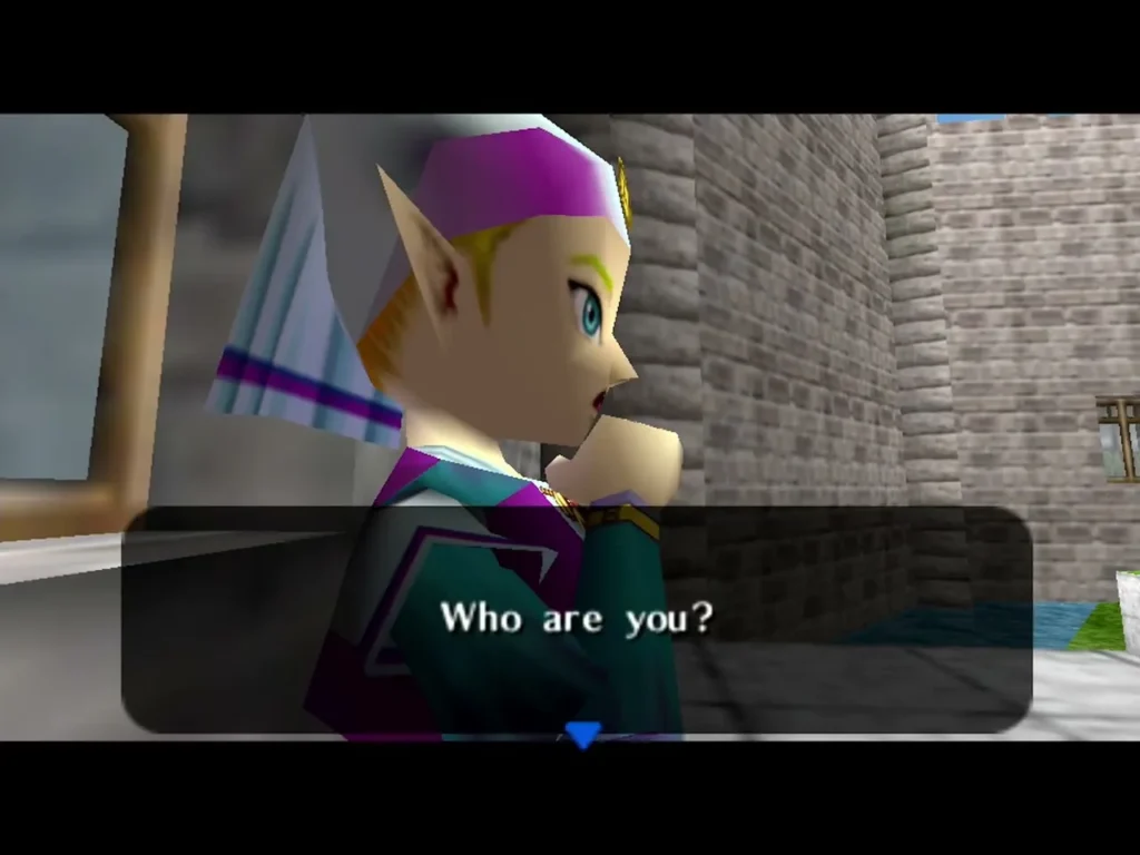 Princess Zelda at the window asking who Link is, with the dialogue box up Princess Zelda at the window asking who Link is, with the dialogue box up