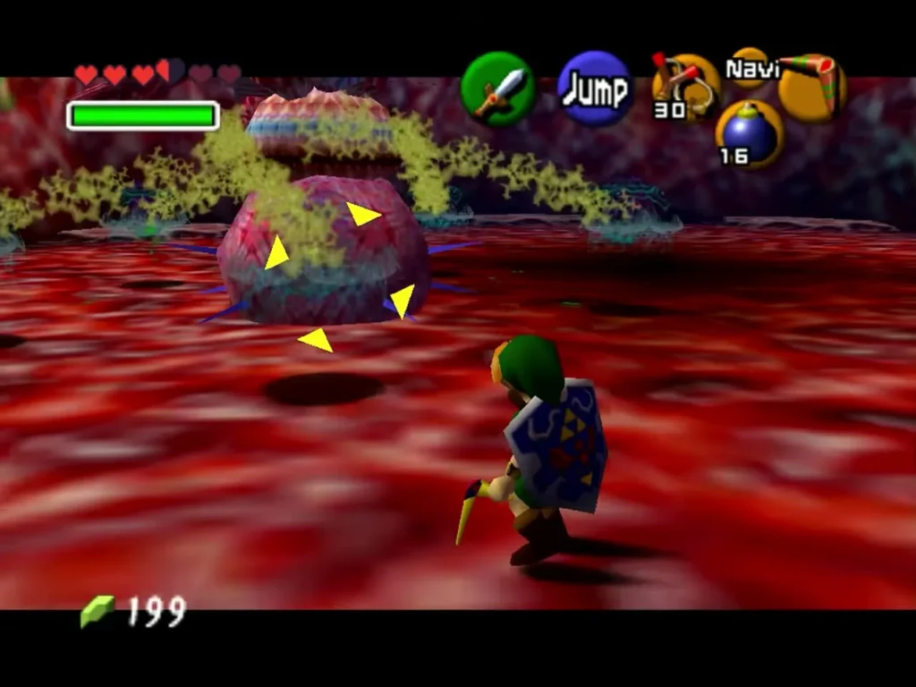 Link facing Barinade ringed by spinning Biri as it rises again in Jabu-Jabu's Belly