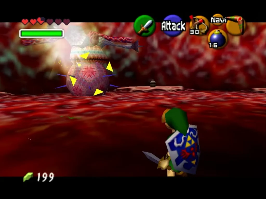 Link raising his sword beside Barinade as it sends out electric bolts in Jabu-Jabu's Belly