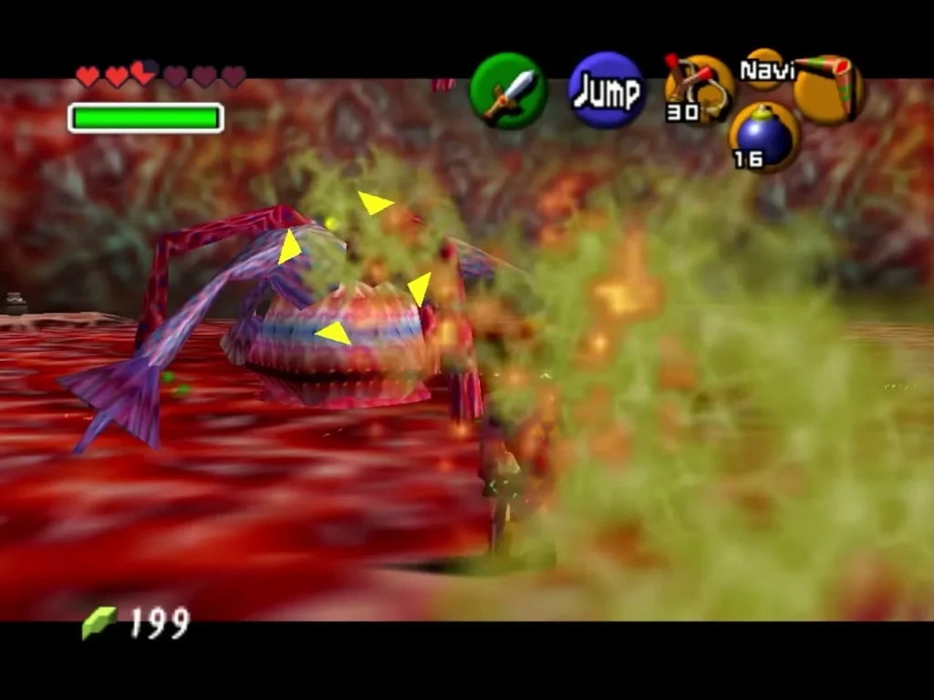 Barinade bursting in a green cloud of electricity in the boss room of Jabu-Jabu's Belly