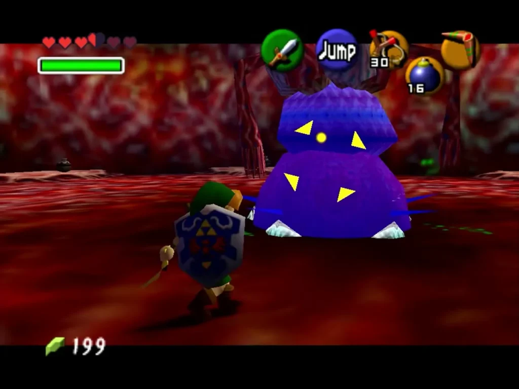 Link jumping near Barinade purple body in the boss room of Jabu-Jabu's Belly
