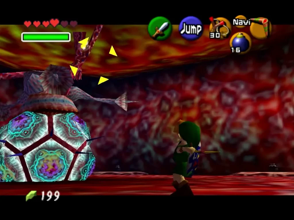 Link facing Barinade hanging from the ceiling by its tentacles in Jabu-Jabu's Belly