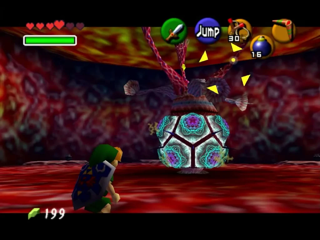 Link jumping toward Barinade with its tentacles hanging from the ceiling