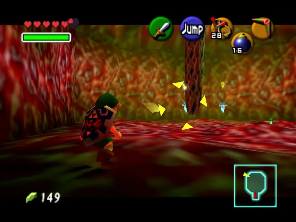 Link walking toward a Parasitic Tentacle while two Biri float beside it