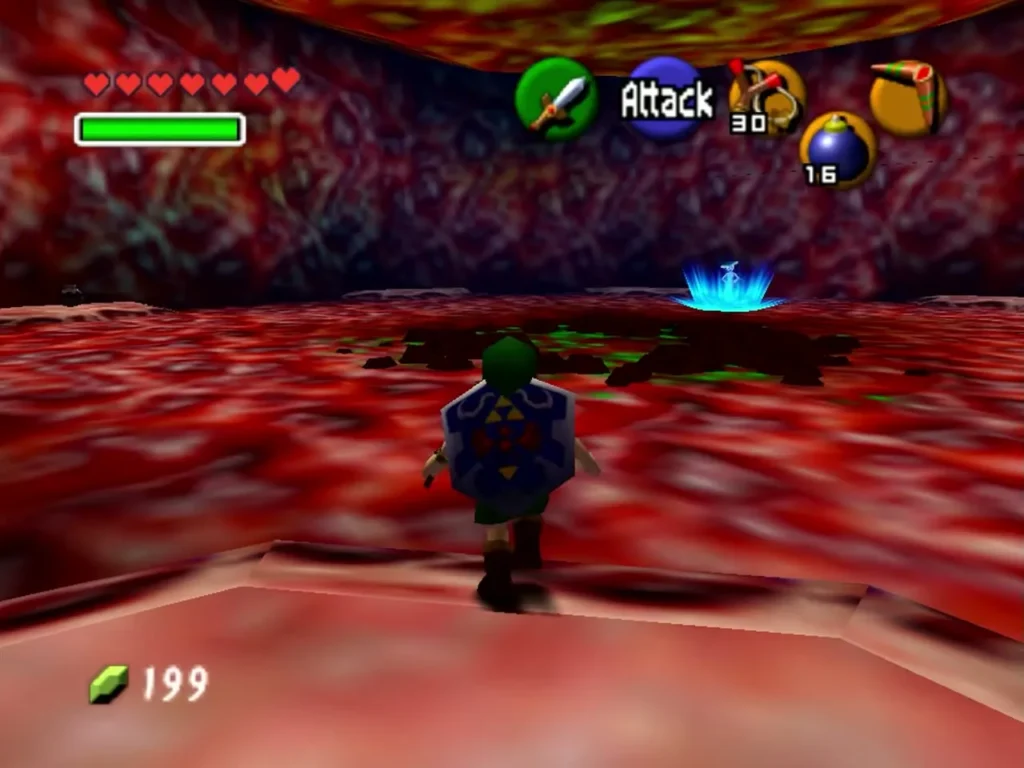 A blue warp light glowing on the red floor of Jabu-Jabu's Belly after the boss is defeated