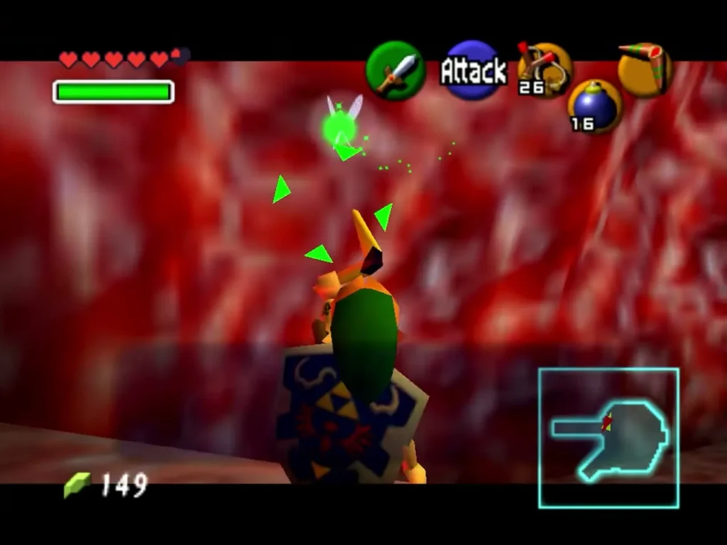 Link's Boomerang striking a Gold Skulltula in a burst of green sparks
