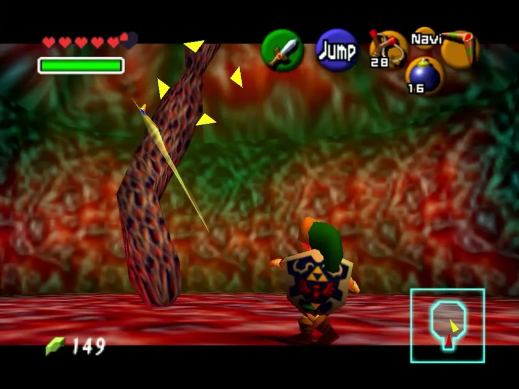 Link locked onto the narrow part of a Parasitic Tentacle with the Boomerang flying at it