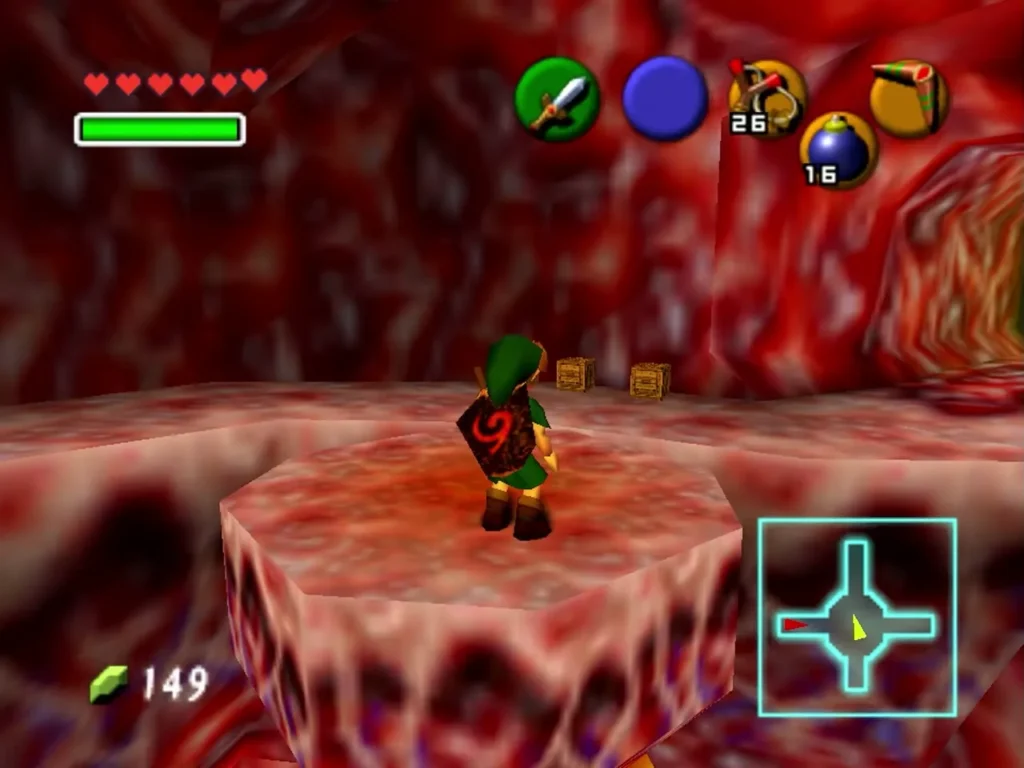 Link on a raised platform with wooden crates on the ledge beyond in Jabu-Jabu's Belly