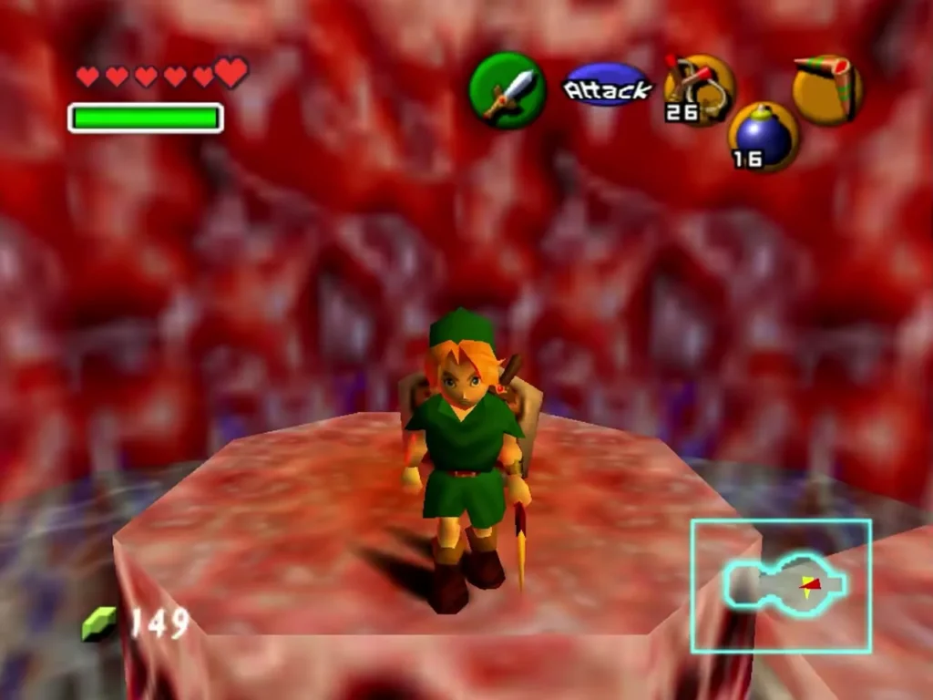 Link standing on a raised platform in a red tunnel room of Jabu-Jabu's Belly