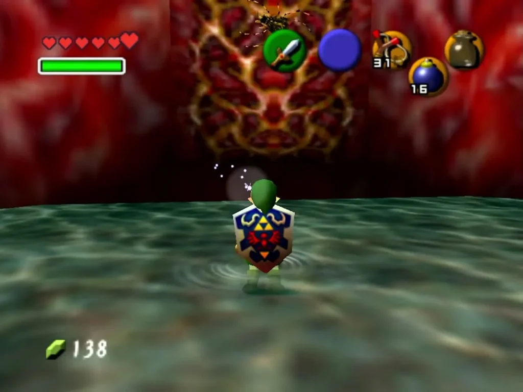 Link standing in the water below a Gold Skulltula on the lattice wall