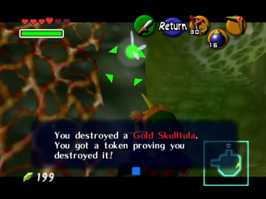 Link destroying a Gold Skulltula on the vine-covered wall and getting its token