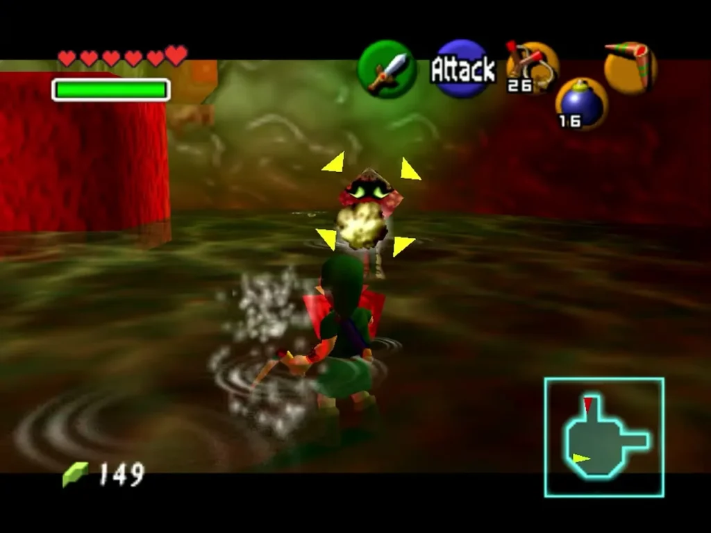 Link facing a creature in a green tunnel upstairs in Jabu-Jabu's Belly