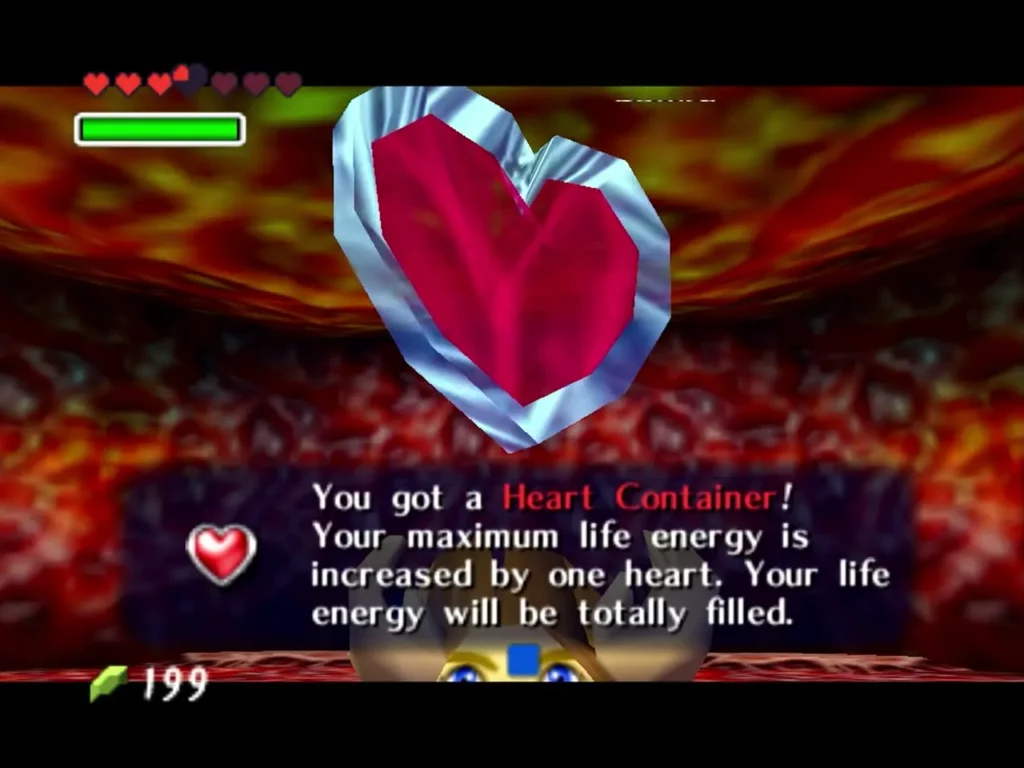 Link holding up a Heart Container with the You got a Heart Container box on screen