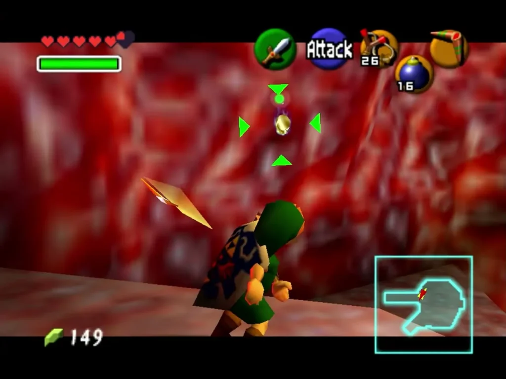 Link aiming the Boomerang at a Gold Skulltula on the wall