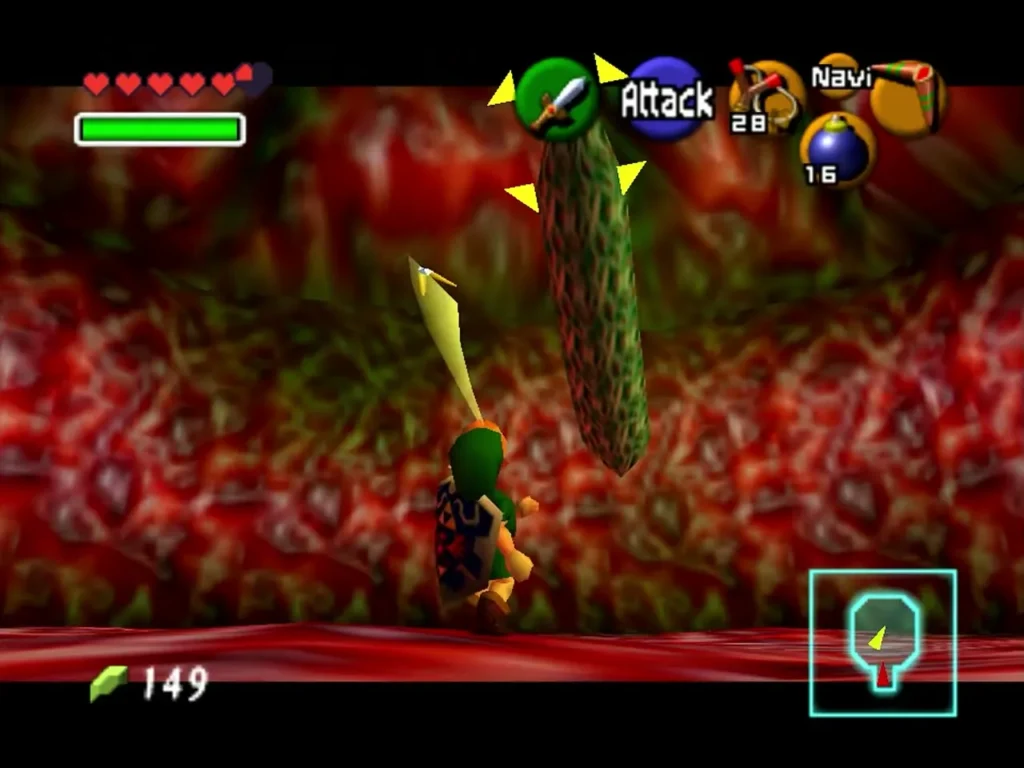 Link facing a green-tinted Parasitic Tentacle with the Attack prompt showing